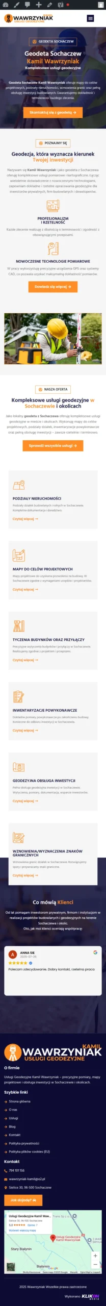 Usługi geodezyjne Kamil Wawrzyniak - zrzut strony, widok na telefonie