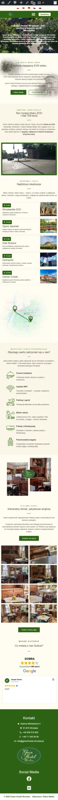 Green Hostel Wrocław - zrzut strony, widok na telefonie