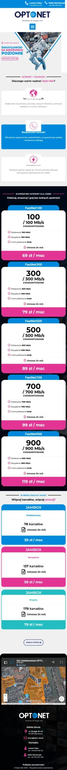Opto – Net - zrzut strony, widok na telefonie