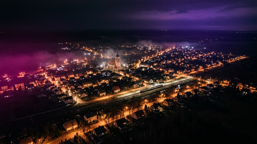 Grodzisk Mazowiecki nocą z lotu ptaka z wieżą kościoła i linią kolejową, ilustracja do strony o stronach internetowych