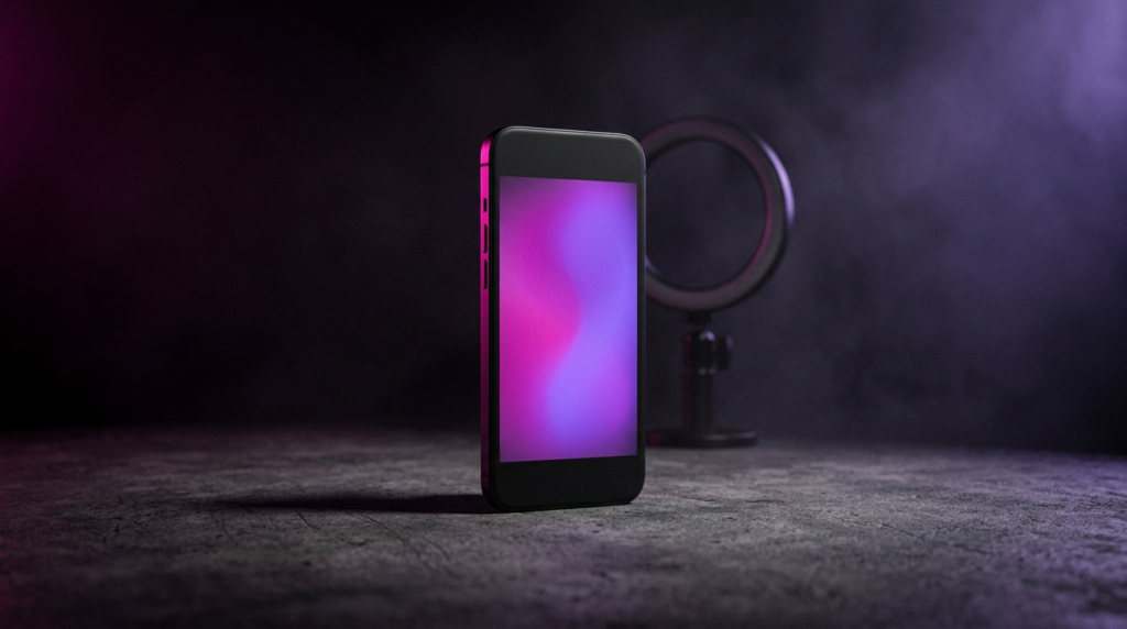 Czarny smartfon z różowo-fioletową poświatą na ekranie, ilustracja do wpisu o reklamie na Facebooku