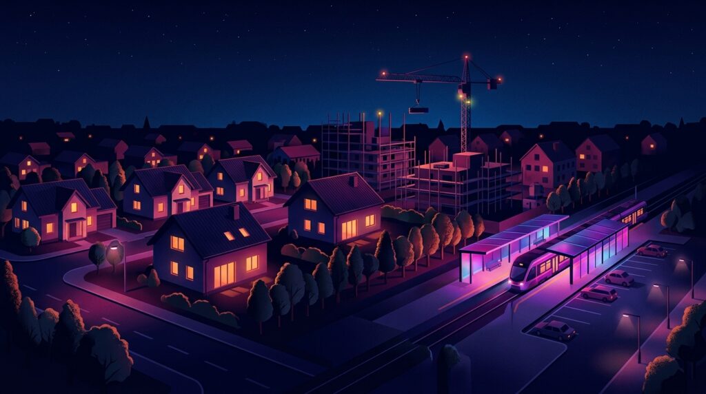 Nowe osiedla domów i dźwig budowlany przy stacji kolejki nocą, ilustracja do strony o marketingu w Brwinowie