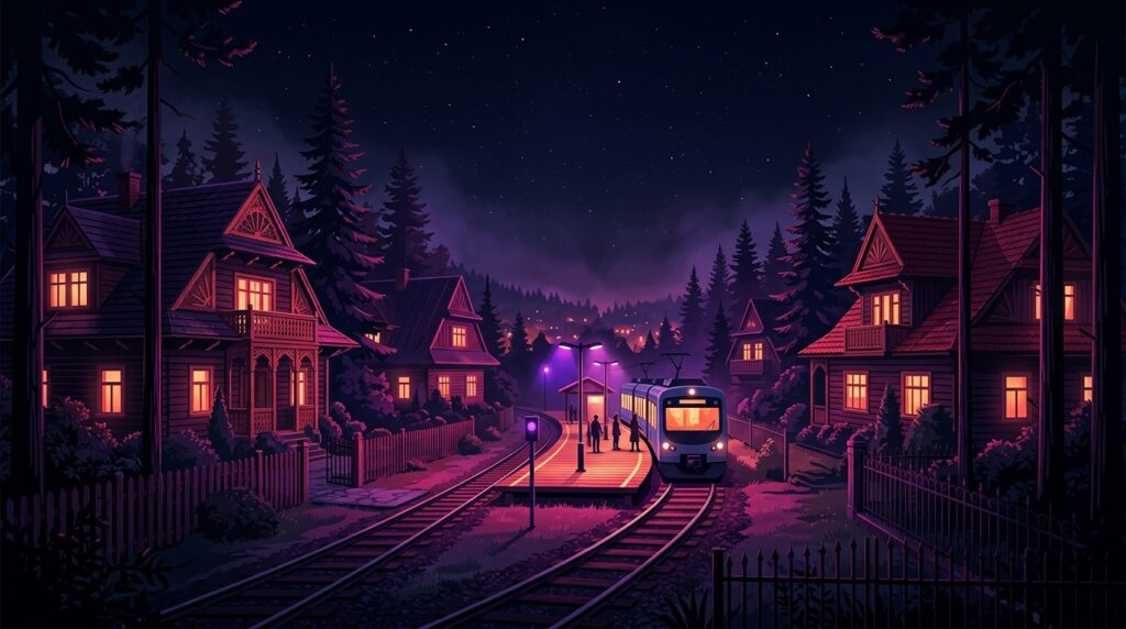 Drewniane wille wśród sosen i peron kolejki nocą w różowo-fioletowej poświacie, ilustracja do strony o marketingu w Milanówku