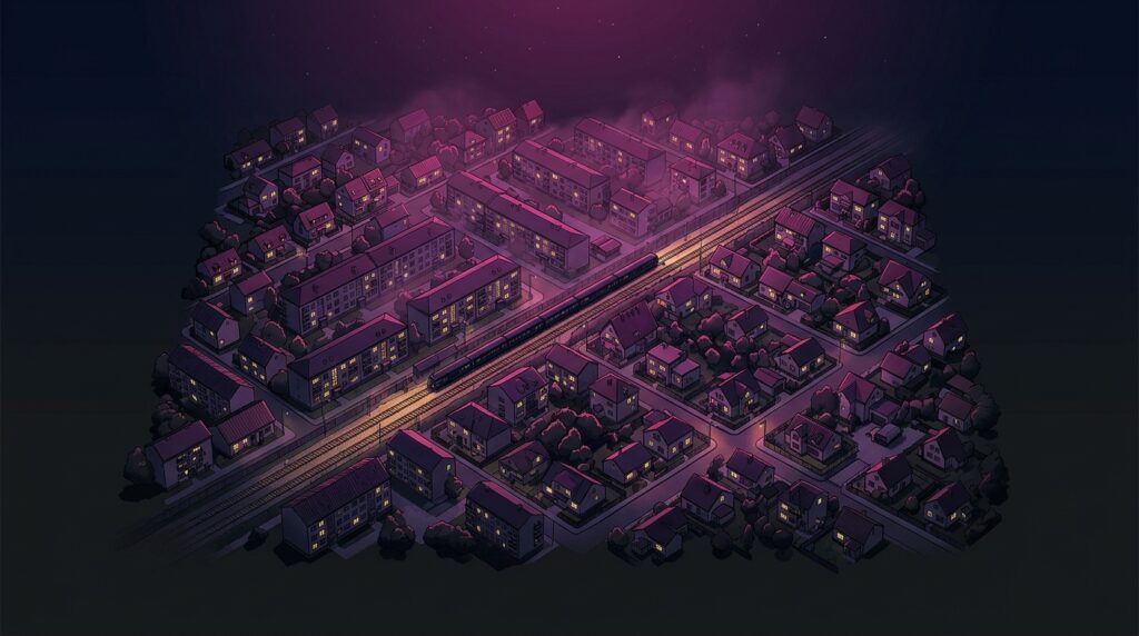 Gęsto zabudowane miasto nocą z linią kolejową, podświetlone różowo i fioletowo, ilustracja do strony o marketingu w Piastowie
