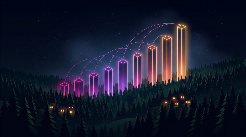 Rosnące świecące słupki wyrastające ponad las sosnowy nocą, ilustracja do strony o pozycjonowaniu w Milanówku