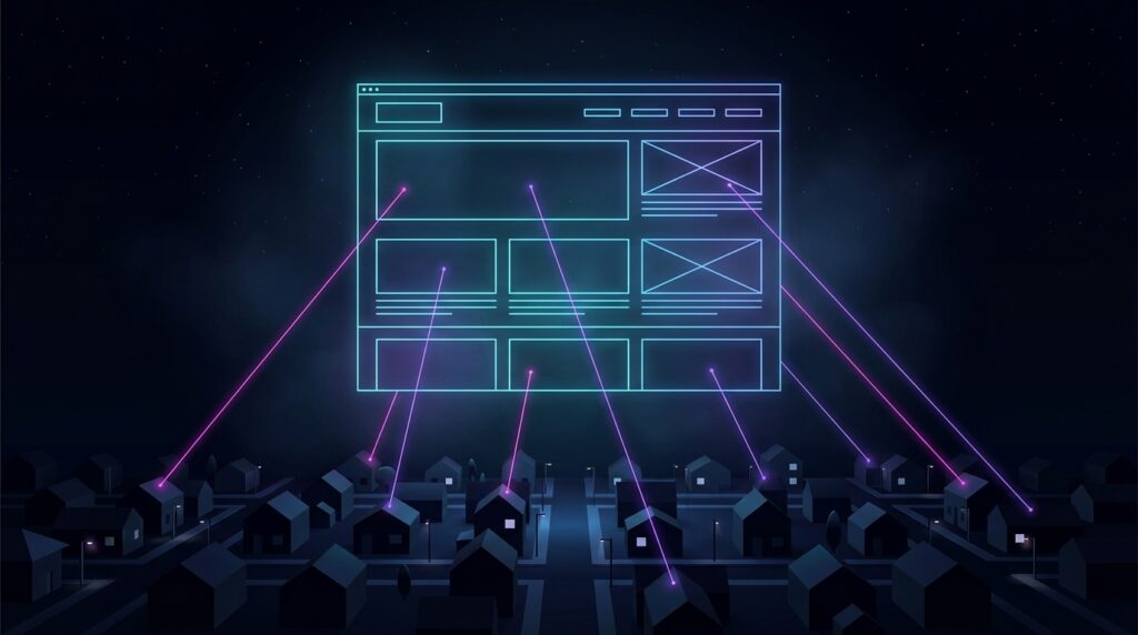 Świecący szkielet strony internetowej unoszący się nad miniaturą miasta, ilustracja do strony o tworzeniu stron internetowych w Piastowie
